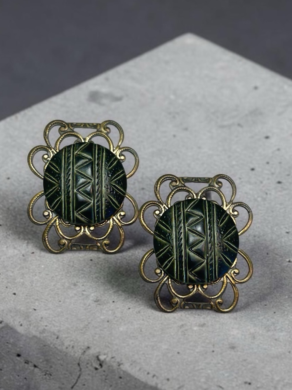 Vintage Style Carved Button Filigree Statement Pierced Earrings